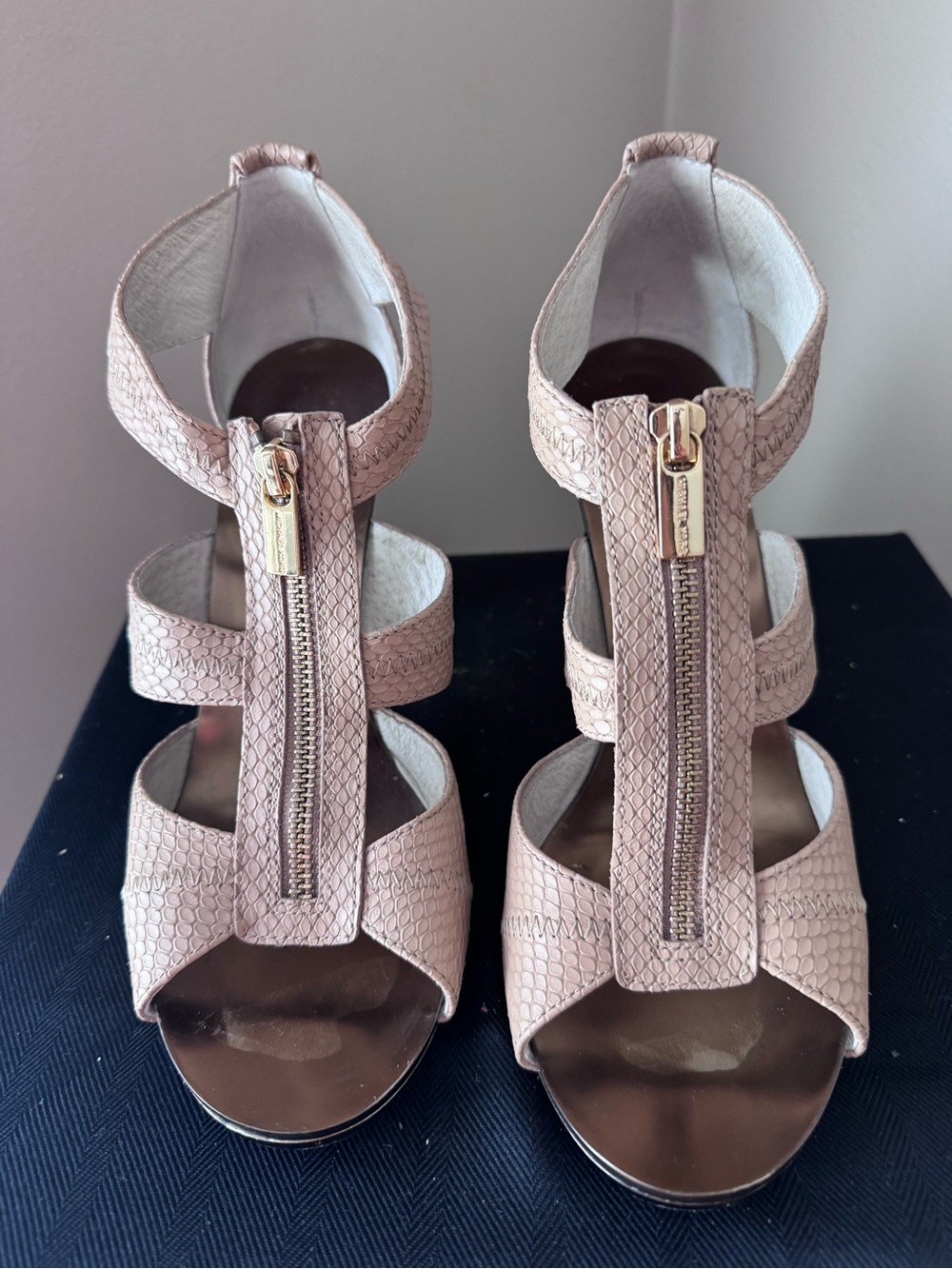 Michael Kors Blush Snake-Embossed Front-Zip Heels